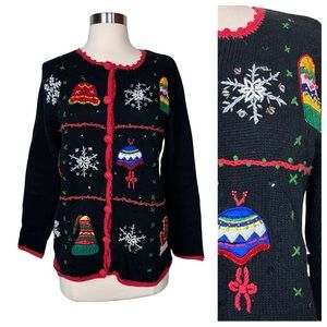 Cherokee Embroidered Sequined Knit Winter Holiday Christmas Cardigan Sweater S